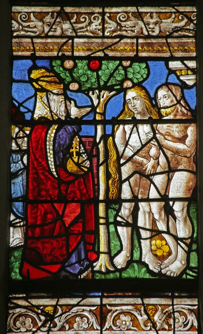 Vidriera que representa a Dios prohibiendo a Adán y Eva comer del Árbol del Conocimiento de French School